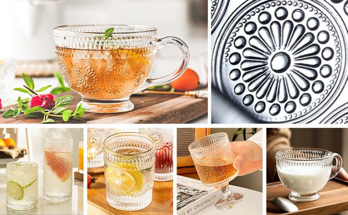 Ventosas de cristal helado con solábrido en relieve para agua de café 5