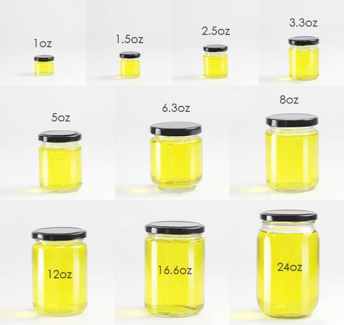 Grado alimenticio redondo transparente de 25 ml a 1000 ml de mermelada miel gelatina frasco de vidrio de almacenamiento con tapa hermética de metal 1