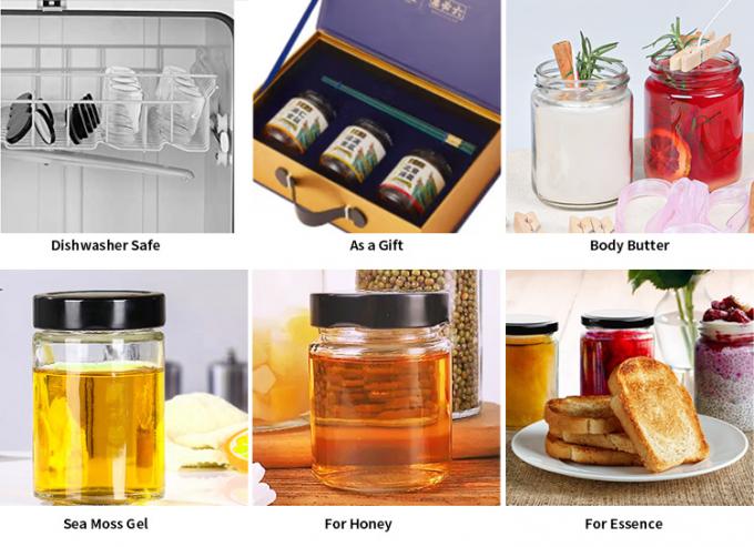 Venta al por mayor de vidrio barata transparente mermelada de chile sellada de lujo Hexagon jar de miel 5