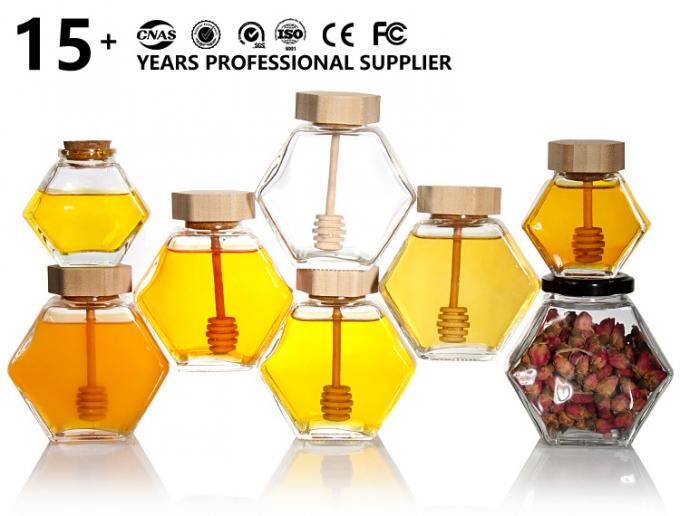 Jarrón de miel de vidrio de hexágono vacío de 100 ml 380 ml con medidor 0