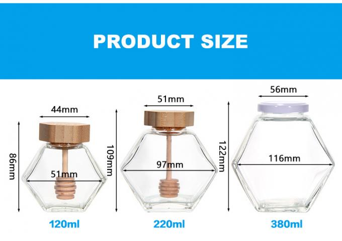 Jarrón de miel de vidrio de hexágono vacío de 100 ml 380 ml con medidor 3