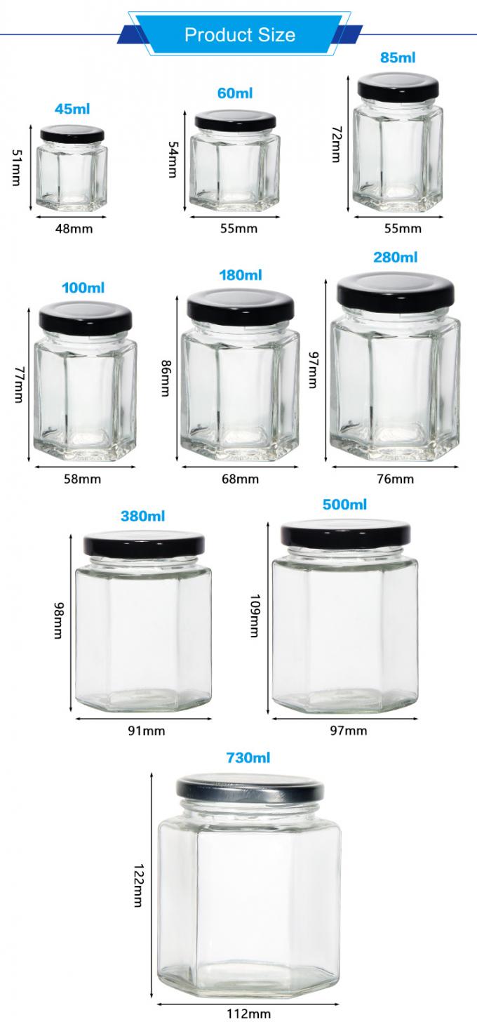 300 ml 200 ml 100 ml mayorista Hexagon Vidrio Mason Jar Jam Jar Miel Jar Con tapa de tornillo de metal 1