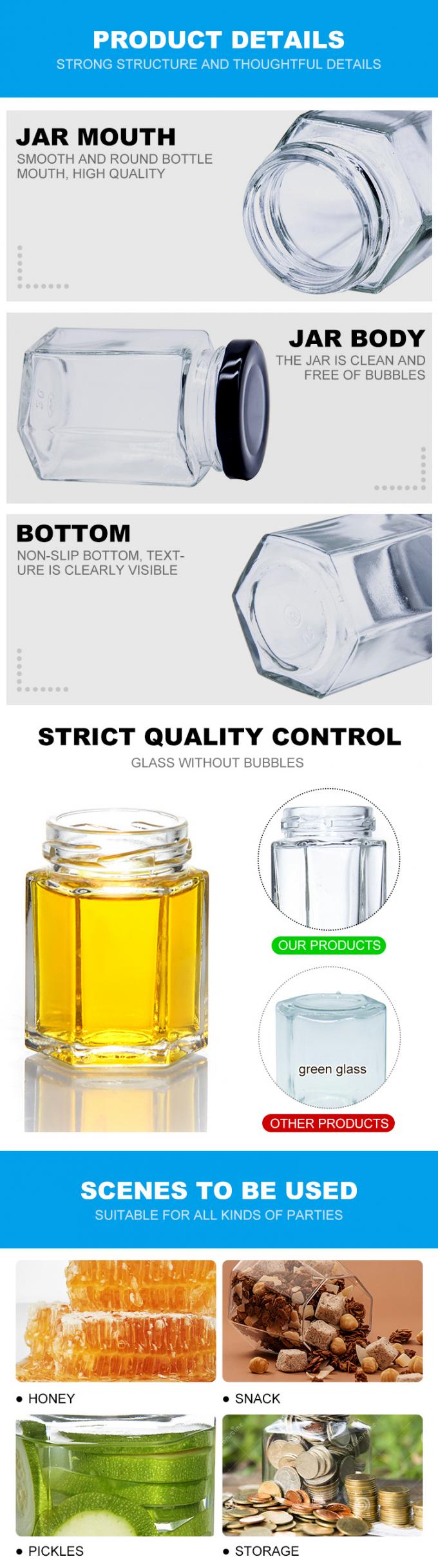 300 ml 200 ml 100 ml mayorista Hexagon Vidrio Mason Jar Jam Jar Miel Jar Con tapa de tornillo de metal 2