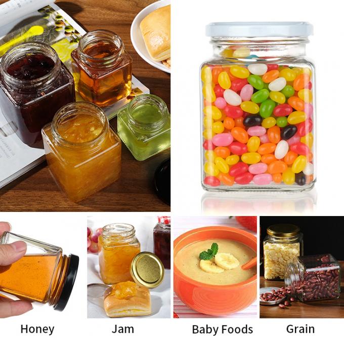 Jarrón de almacenamiento hexagonal vacío Contenedor de cocina de vidrio con tapas metálicas 2