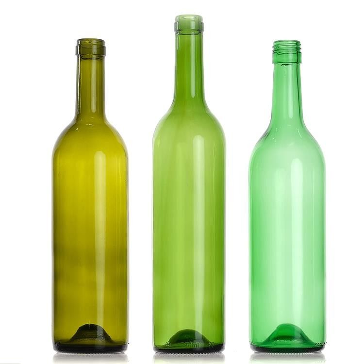 Botella redonda de vino de Bordeaux de vidrio de 750 ml con corcho de fondo plano