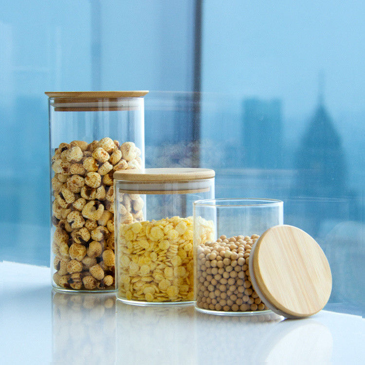 Eco-amigable alimento de alto borosilicato cerrada al aire Jarrones de almacenamiento de vidrio de cocina con tapas de madera de bambú