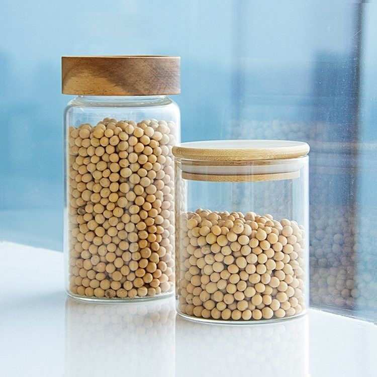Eco-amigable alimento de alto borosilicato cerrada al aire Jarrones de almacenamiento de vidrio de cocina con tapas de madera de bambú