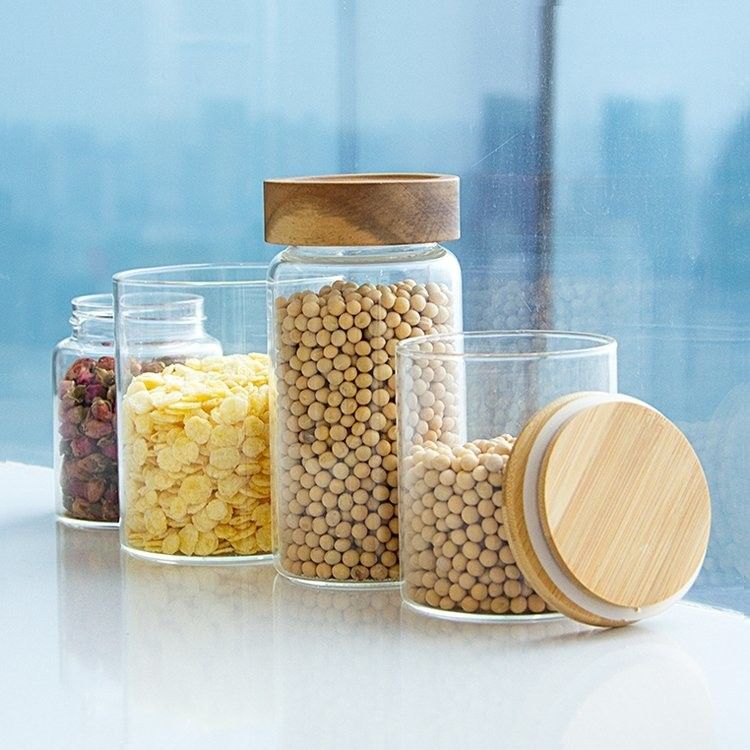 Eco-amigable alimento de alto borosilicato cerrada al aire Jarrones de almacenamiento de vidrio de cocina con tapas de madera de bambú