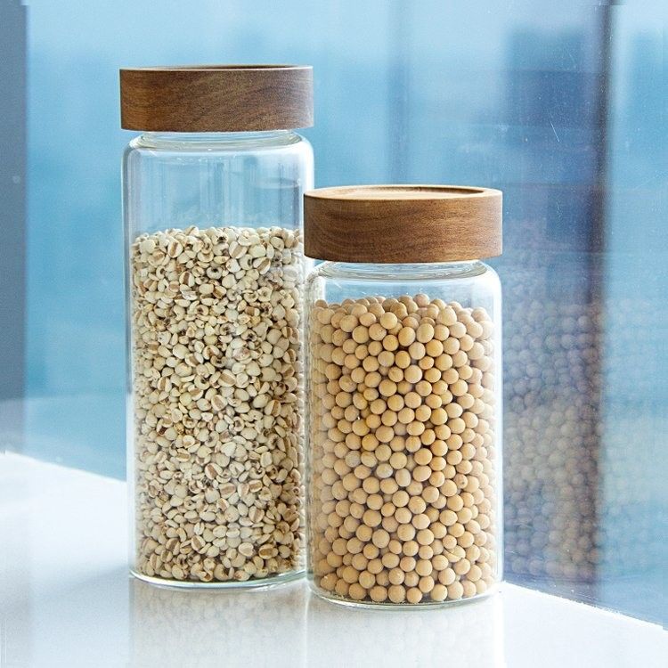 Eco-amigable alimento de alto borosilicato cerrada al aire Jarrones de almacenamiento de vidrio de cocina con tapas de madera de bambú