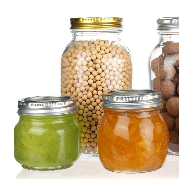 Embalaje de alimentos de alta calidad y transparente Almacenamiento Jar de vidrio redondo Mason Con tapa de aluminio