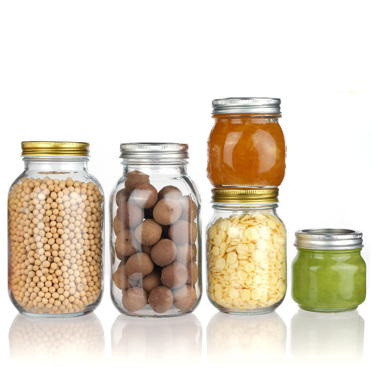 Embalaje de alimentos de alta calidad y transparente Almacenamiento Jar de vidrio redondo Mason Con tapa de aluminio