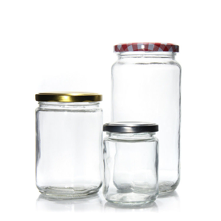 Grado alimenticio redondo transparente de 25 ml a 1000 ml de mermelada miel gelatina frasco de vidrio de almacenamiento con tapa hermética de metal