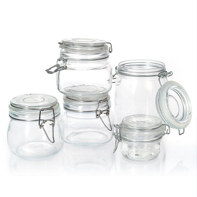 12 oz 17 oz Jarrones de cristal claro para almacenamiento de dulces Contenedores redondos de vidrio a granel con tapas metálicas de oro