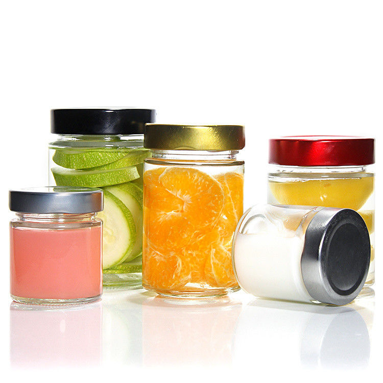 Resistencia al calor redondo 45 ml 5Oz 6Oz 8Oz Jar de vidrio hermético de almacenamiento de alimentos con tapa de hojalata