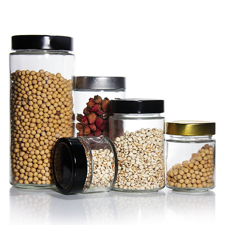 Resistencia al calor redondo 45 ml 5Oz 6Oz 8Oz Jar de vidrio hermético de almacenamiento de alimentos con tapa de hojalata