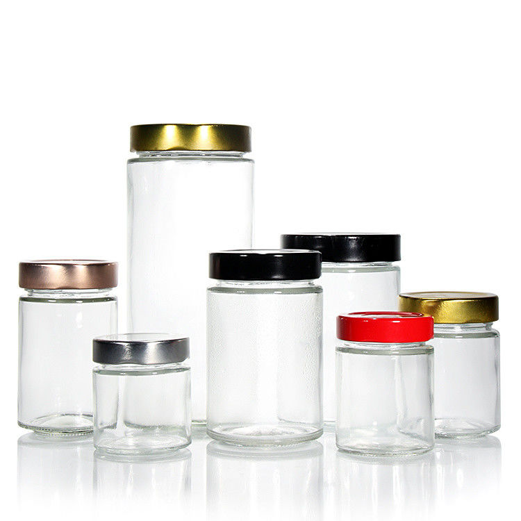 Claros redondos 4oz 8oz 16oz 12oz 20oz frasco de vidrio recipiente de vidrio de alimentos con tapa de metal profundo