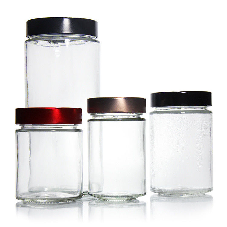 Claros redondos 4oz 8oz 16oz 12oz 20oz frasco de vidrio recipiente de vidrio de alimentos con tapa de metal profundo
