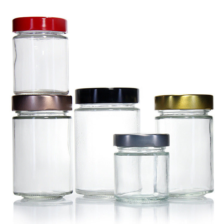 Claros redondos 4oz 8oz 16oz 12oz 20oz frasco de vidrio recipiente de vidrio de alimentos con tapa de metal profundo