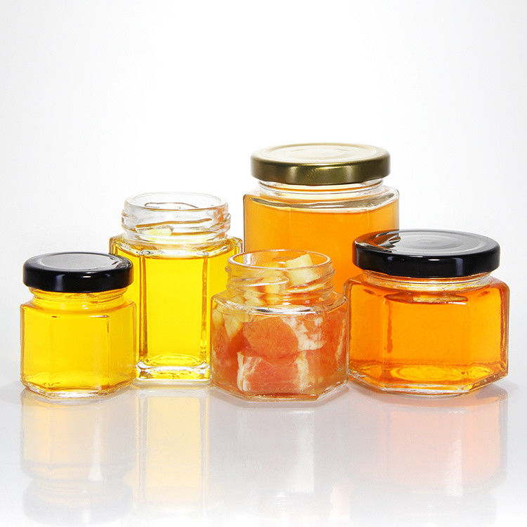 300 ml 200 ml 100 ml mayorista Hexagon Vidrio Mason Jar Jam Jar Miel Jar Con tapa de tornillo de metal