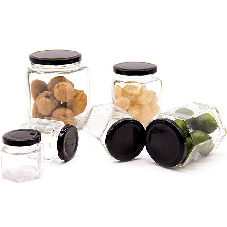 300 ml 200 ml 100 ml mayorista Hexagon Vidrio Mason Jar Jam Jar Miel Jar Con tapa de tornillo de metal