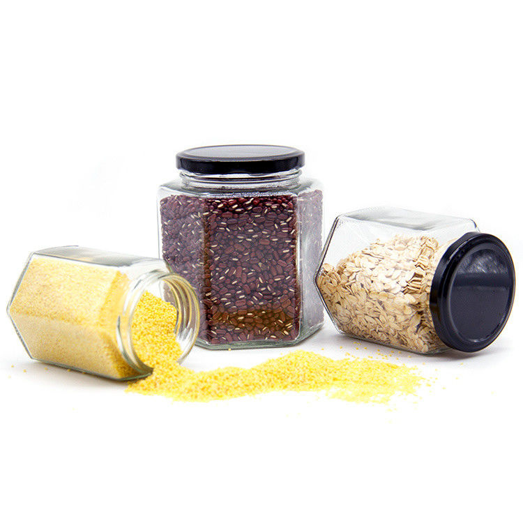 300 ml 200 ml 100 ml mayorista Hexagon Vidrio Mason Jar Jam Jar Miel Jar Con tapa de tornillo de metal