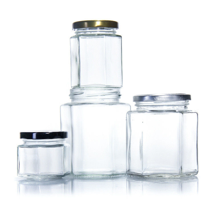 300 ml 200 ml 100 ml mayorista Hexagon Vidrio Mason Jar Jam Jar Miel Jar Con tapa de tornillo de metal
