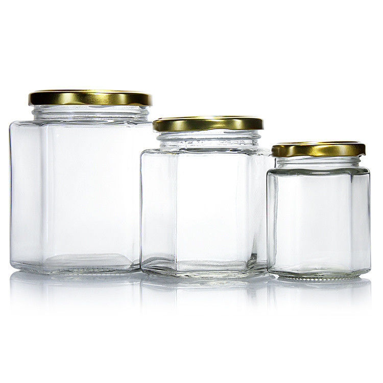 300 ml 200 ml 100 ml mayorista Hexagon Vidrio Mason Jar Jam Jar Miel Jar Con tapa de tornillo de metal