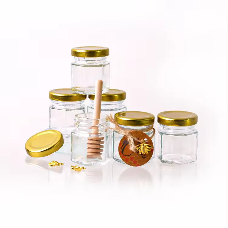 Etiqueta hexagonal personalizada 100ml 180ml 380ml Tarro de vidrio de miel para mermelada de frutas de oliva