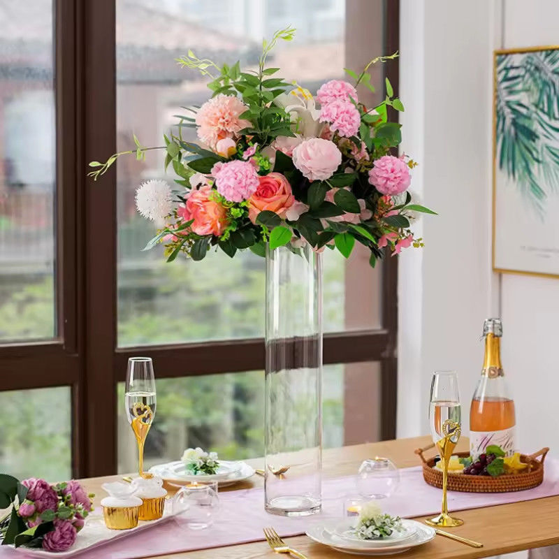 Vaso de vidrio transparente de flores de cilindro hidropónico para decoración de hotel Ceremonia de bodas