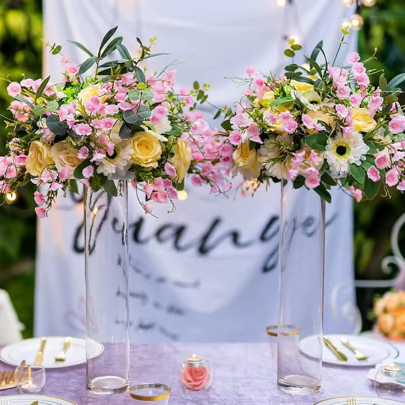 Vaso de vidrio transparente de flores de cilindro hidropónico para decoración de hotel Ceremonia de bodas