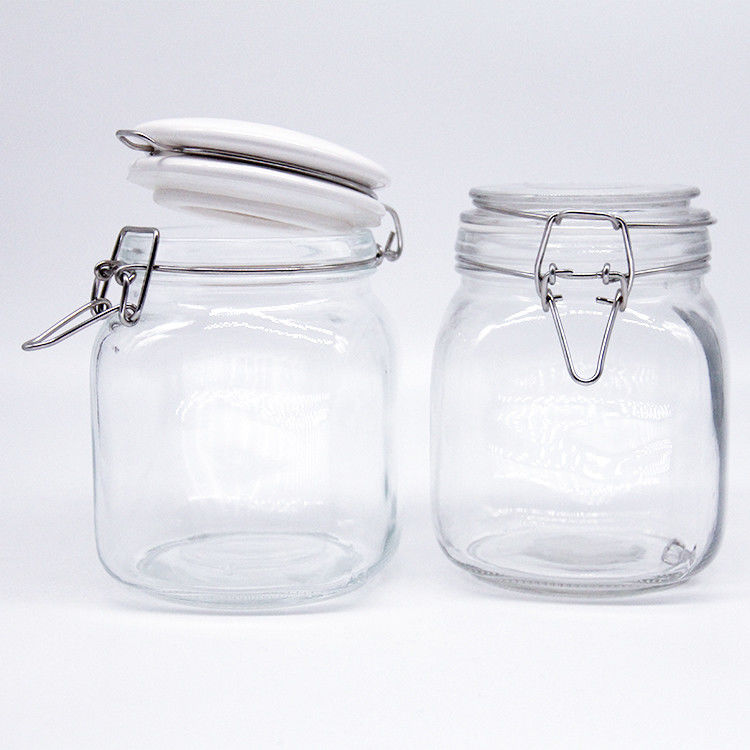 Jarrón de mantequilla de picles de vidrio de 100 ml, 150 ml y 200 ml de tipo corto, transparente, con tapa de clips de correa metálica