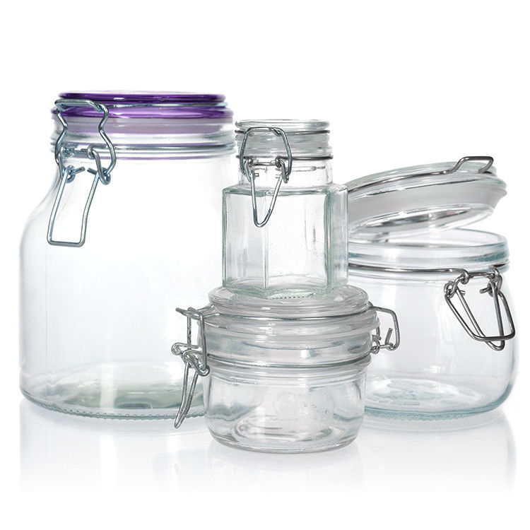 Jarrón de mantequilla de picles de vidrio de 100 ml, 150 ml y 200 ml de tipo corto, transparente, con tapa de clips de correa metálica