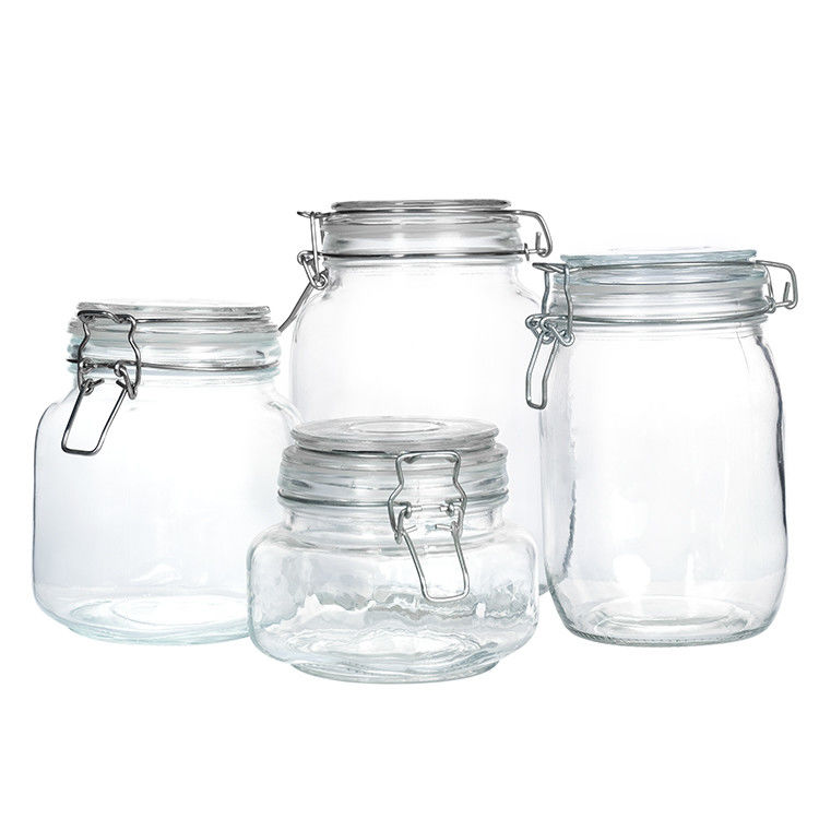 Jarrón de mantequilla de picles de vidrio de 100 ml, 150 ml y 200 ml de tipo corto, transparente, con tapa de clips de correa metálica