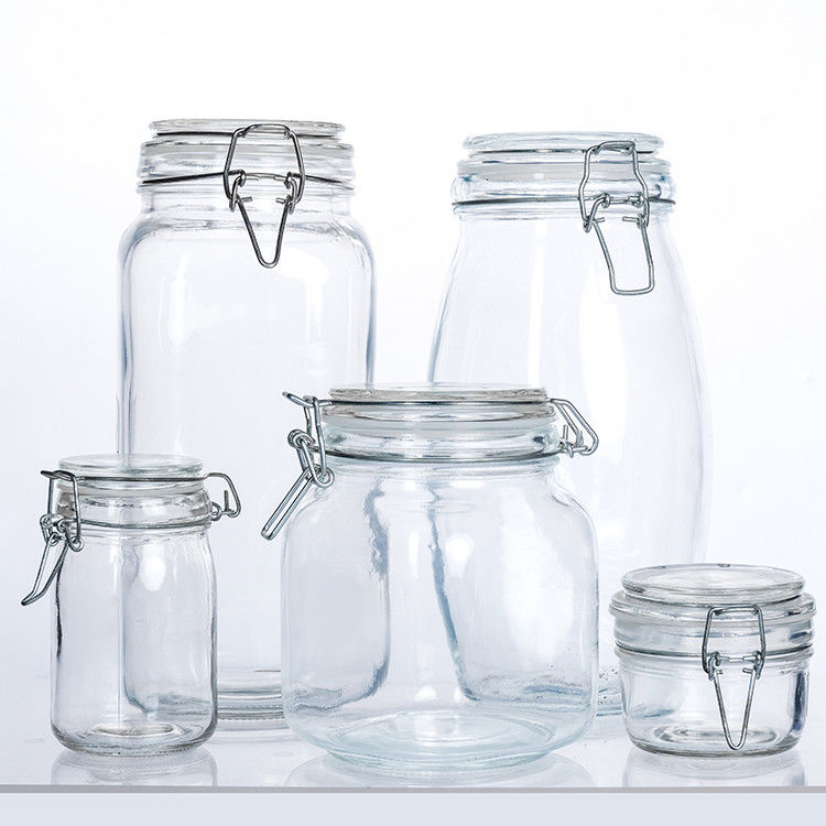Jarrón de mantequilla de picles de vidrio de 100 ml, 150 ml y 200 ml de tipo corto, transparente, con tapa de clips de correa metálica