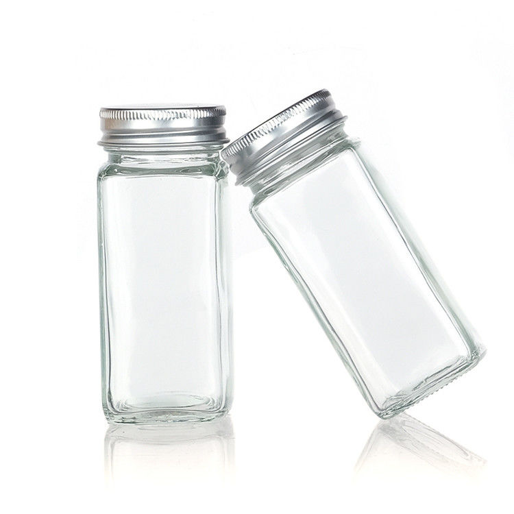 Jarrones de especias de vidrio de 90 ml con batidora Vertiendo tapa cuadrada 4 oz Jarrón de especias para cocina