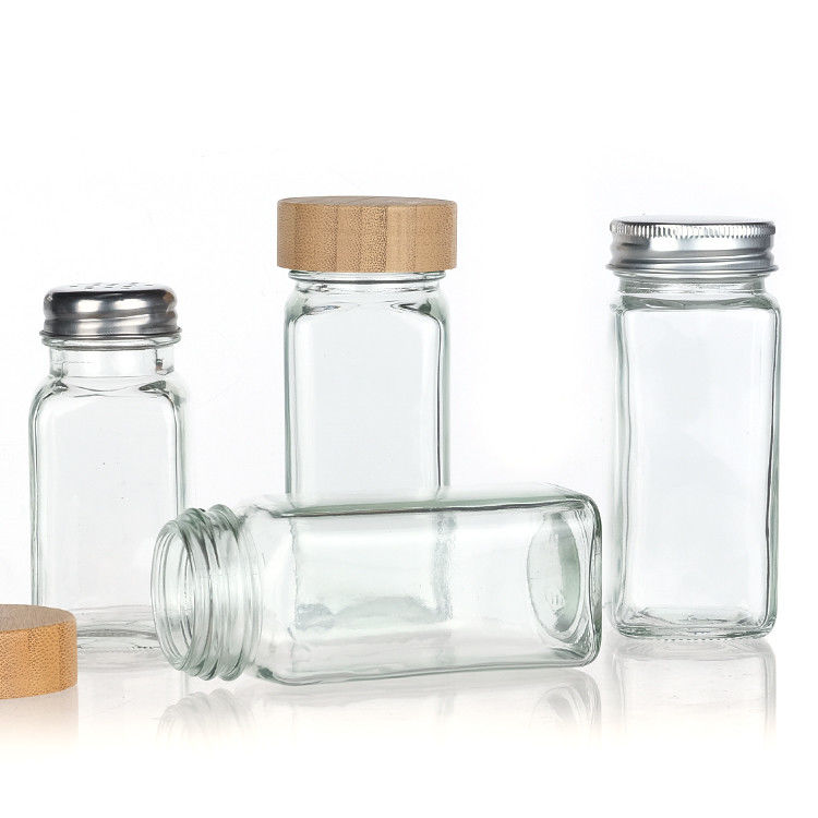 Cocina Hogar Cuadrado Jarrones de almacenamiento 4 oz Botella de condimentos Jarrón de especias de vidrio con varias tapas