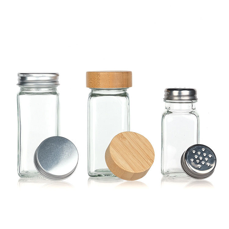 Cocina Hogar Cuadrado Jarrones de almacenamiento 4 oz Botella de condimentos Jarrón de especias de vidrio con varias tapas