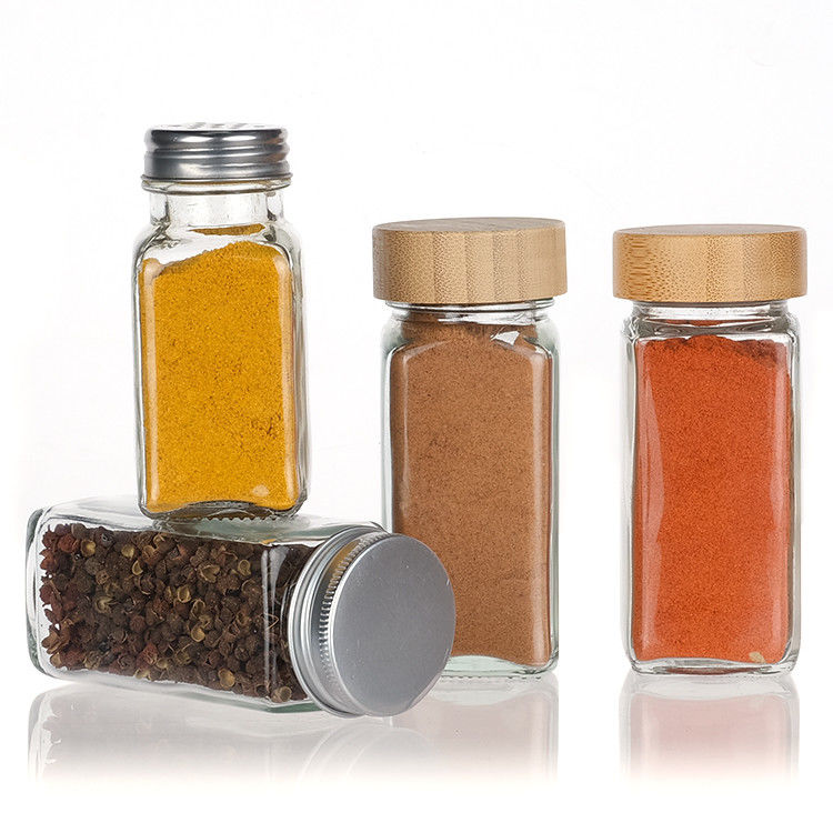 Cocina Hogar Cuadrado Jarrones de almacenamiento 4 oz Botella de condimentos Jarrón de especias de vidrio con varias tapas