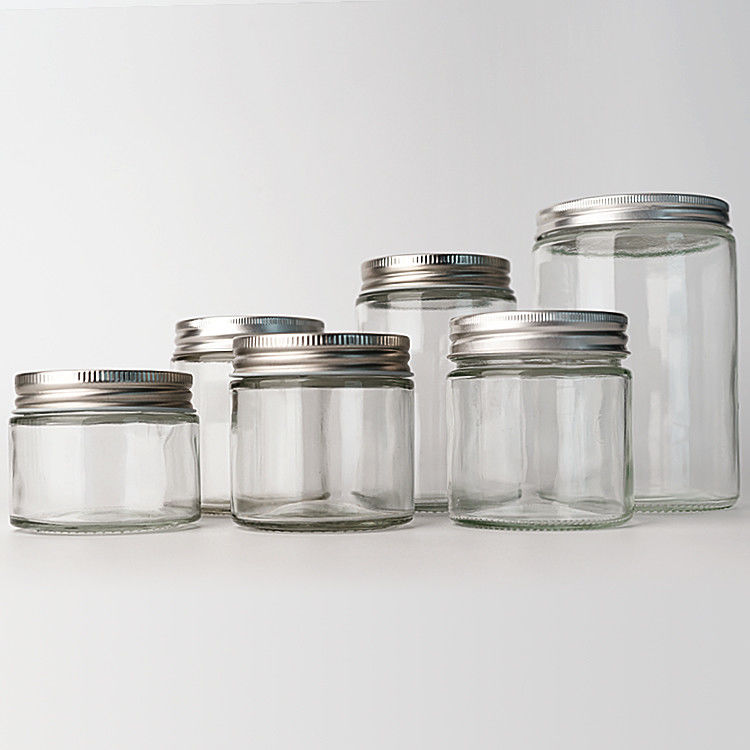 Vidrio vacío y transparente redondo de lado recto 4oz 8oz 12oz 20oz frasco de vidrio contenedor de alimentos con tapa de metal profundo