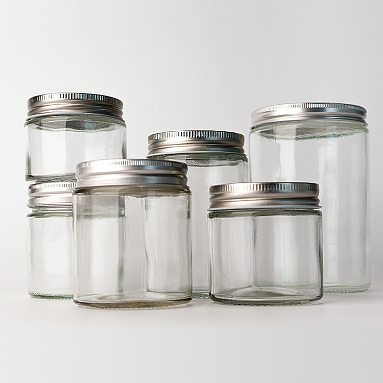 Vidrio vacío y transparente redondo de lado recto 4oz 8oz 12oz 20oz frasco de vidrio contenedor de alimentos con tapa de metal profundo