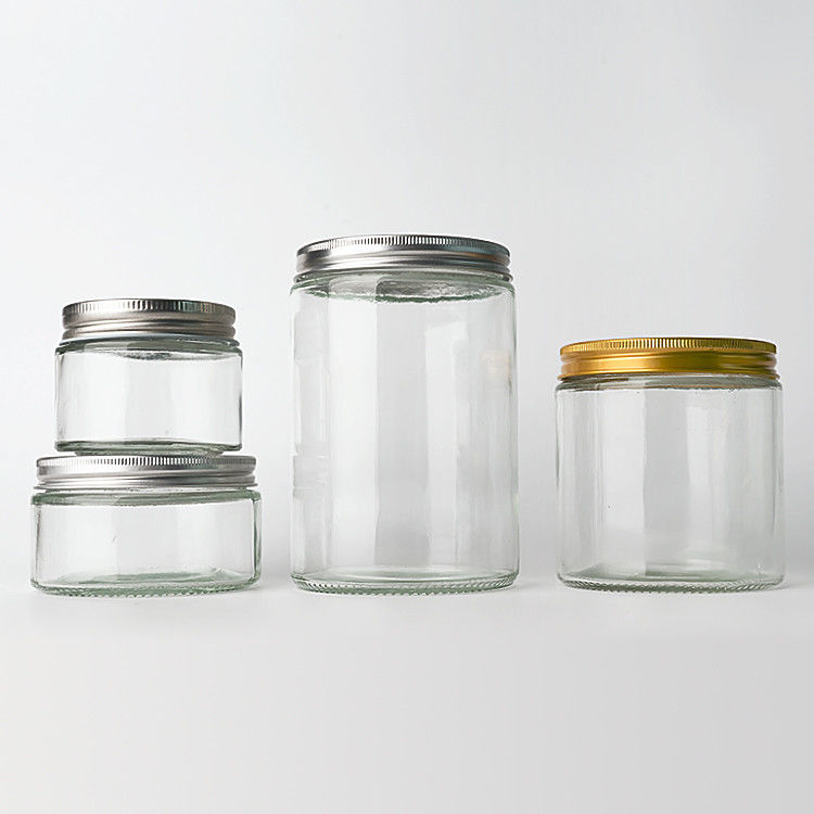 Vidrio vacío y transparente redondo de lado recto 4oz 8oz 12oz 20oz frasco de vidrio contenedor de alimentos con tapa de metal profundo