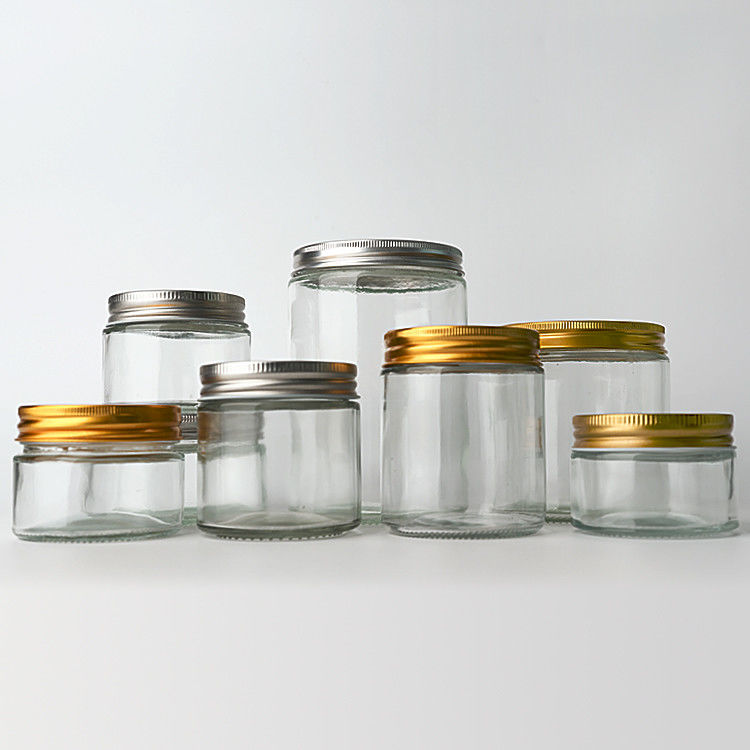 Vidrio vacío y transparente redondo de lado recto 4oz 8oz 12oz 20oz frasco de vidrio contenedor de alimentos con tapa de metal profundo