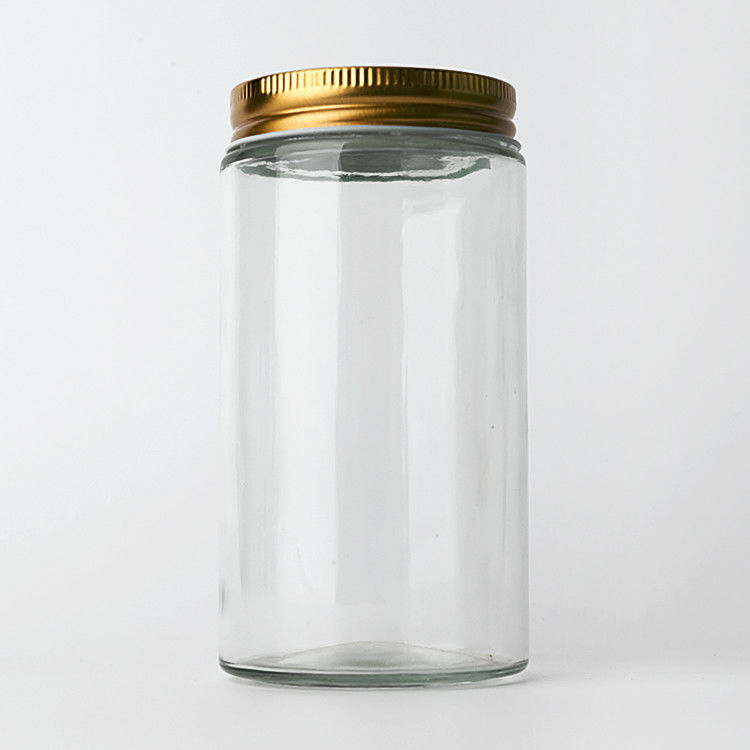 Suministro de fábrica 8 oz 12 oz vacío dulce claro recipientes redondos frascos de vidrio con tapas de metal de oro