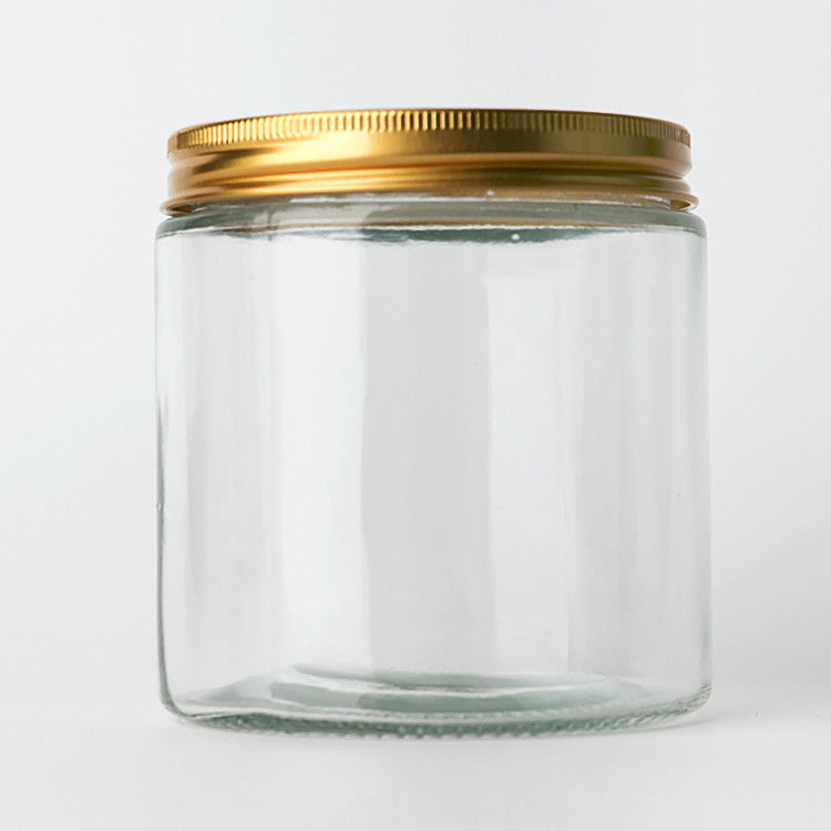 Suministro de fábrica 8 oz 12 oz vacío dulce claro recipientes redondos frascos de vidrio con tapas de metal de oro