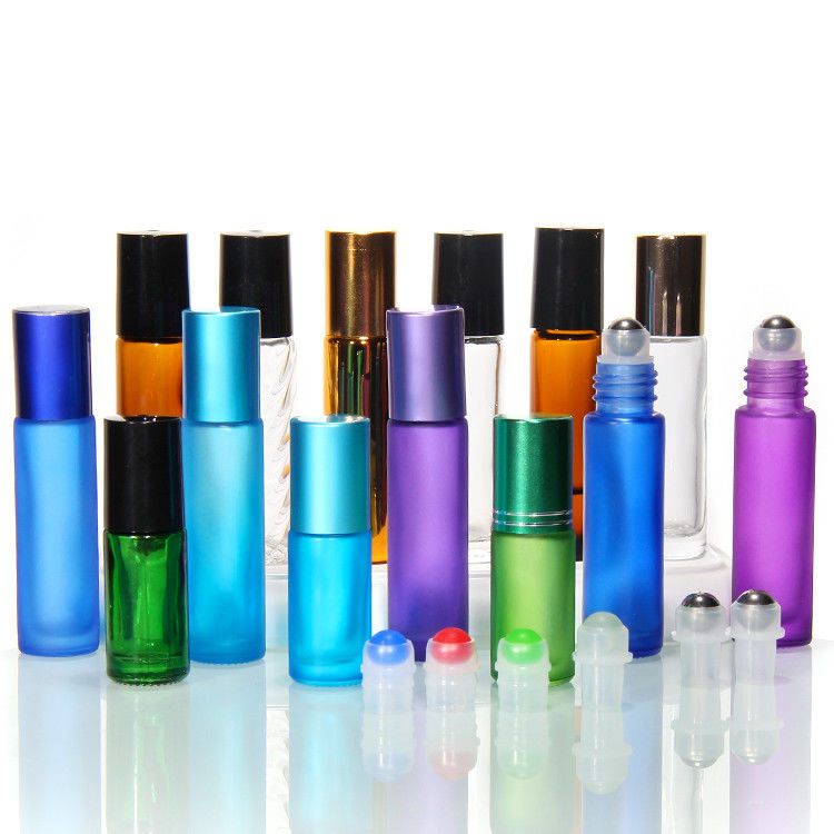 Botellas de vidrio de 10 ml de color arcoíris para aceite esencial con tapa cepillada
